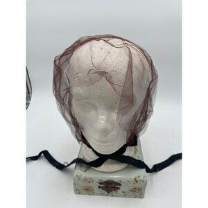 Vintage Black Sheer Veil Ruffled Edge Ribbon Ties on Brown Hair Net 2 pieces